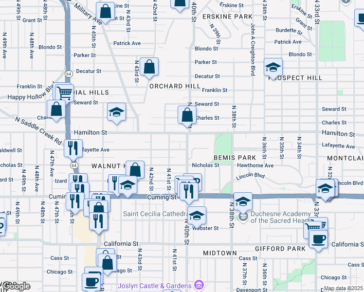 map of restaurants, bars, coffee shops, grocery stores, and more near 1302 North 40th Street in Omaha