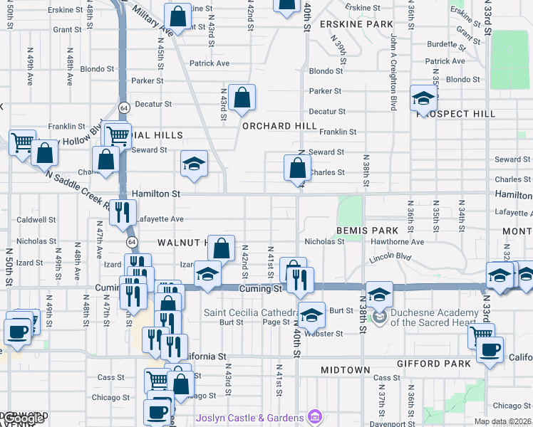 map of restaurants, bars, coffee shops, grocery stores, and more near 4031 Lafayette Avenue in Omaha