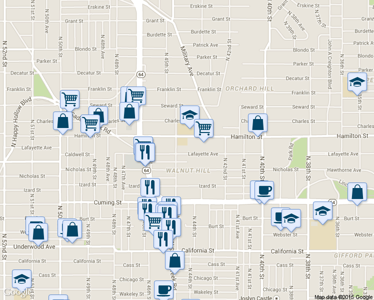 map of restaurants, bars, coffee shops, grocery stores, and more near 4371 Lafayette Avenue in Omaha