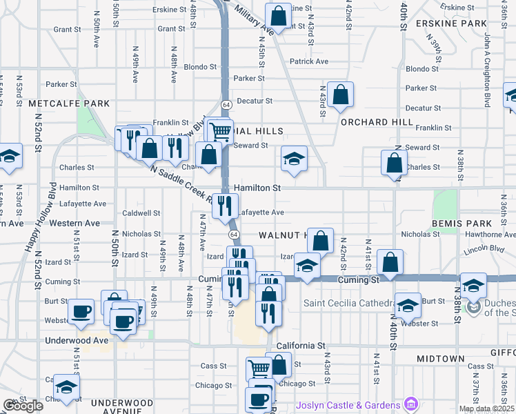 map of restaurants, bars, coffee shops, grocery stores, and more near 4519 Lafayette Avenue in Omaha