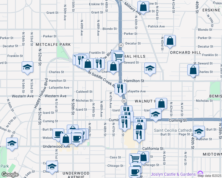 map of restaurants, bars, coffee shops, grocery stores, and more near 1130 North 47th Avenue in Omaha