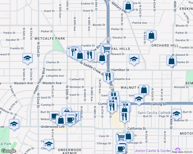 map of restaurants, bars, coffee shops, grocery stores, and more near 1130 North 47th Avenue in Omaha