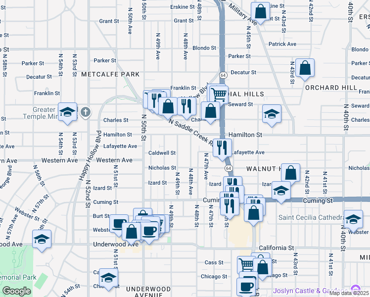 map of restaurants, bars, coffee shops, grocery stores, and more near 1112 North 48th Avenue in Omaha