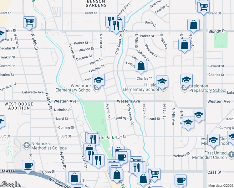map of restaurants, bars, coffee shops, grocery stores, and more near 1224 Cole Creek Drive in Omaha