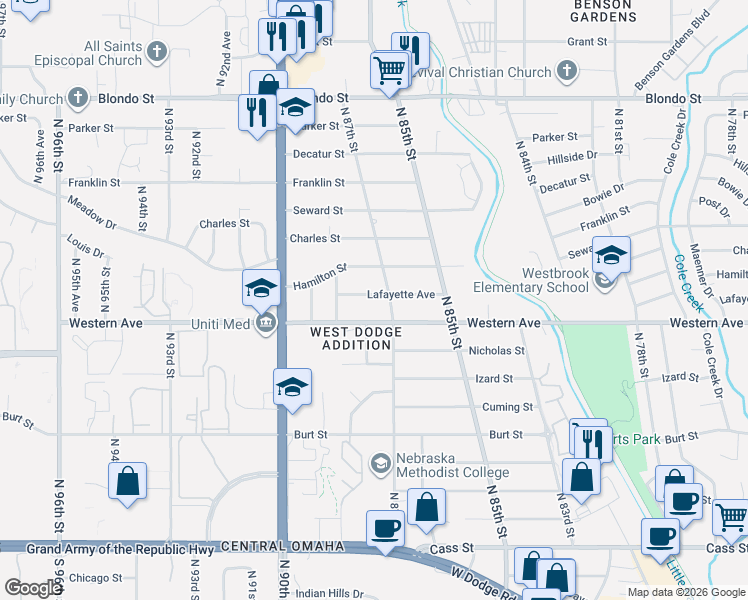 map of restaurants, bars, coffee shops, grocery stores, and more near 1220 North 87th Street in Omaha