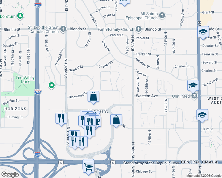 map of restaurants, bars, coffee shops, grocery stores, and more near 9780 Western Plaza in Omaha