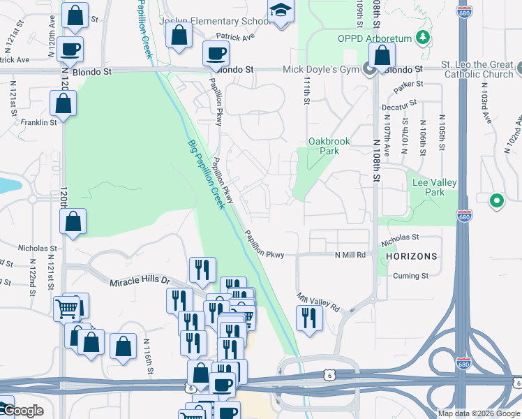 map of restaurants, bars, coffee shops, grocery stores, and more near 11301-11399 Lafayette Ct in Omaha