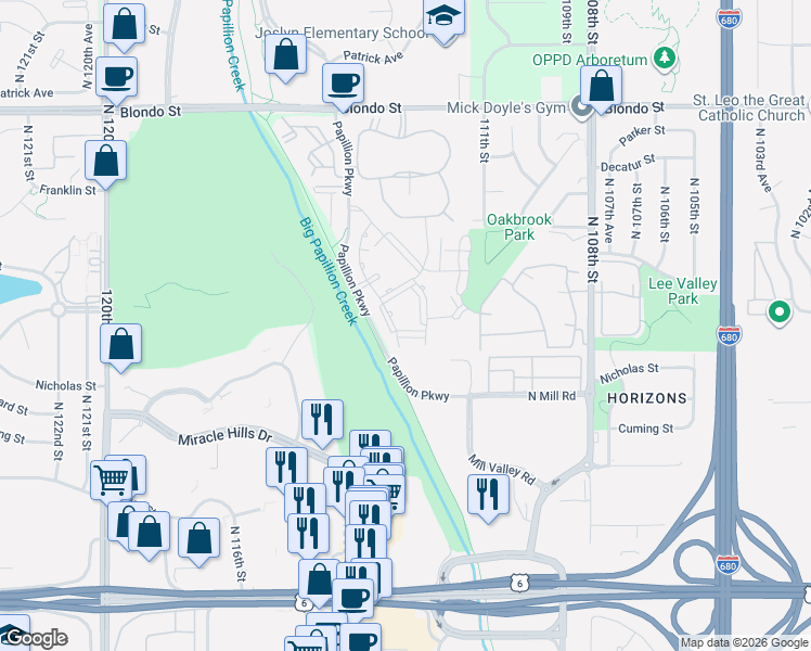 map of restaurants, bars, coffee shops, grocery stores, and more near 11301-11399 Lafayette Ct in Omaha