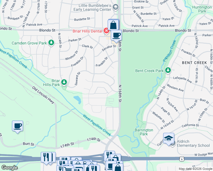map of restaurants, bars, coffee shops, grocery stores, and more near 17012 Western Avenue in Omaha