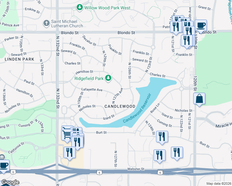 map of restaurants, bars, coffee shops, grocery stores, and more near 1225 North 127th Avenue in Omaha