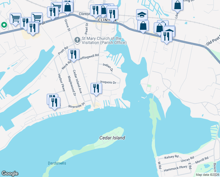 map of restaurants, bars, coffee shops, grocery stores, and more near 114 Commerce Street in Clinton