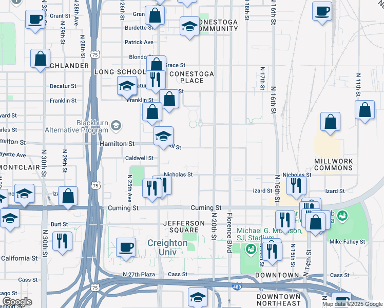 map of restaurants, bars, coffee shops, grocery stores, and more near 2123 Paul Street in Omaha