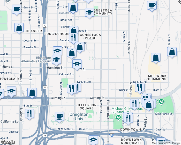 map of restaurants, bars, coffee shops, grocery stores, and more near 2123 Paul Street in Omaha