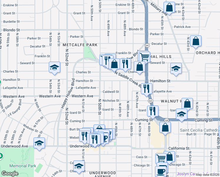 map of restaurants, bars, coffee shops, grocery stores, and more near 1111 North 50th Avenue in Omaha