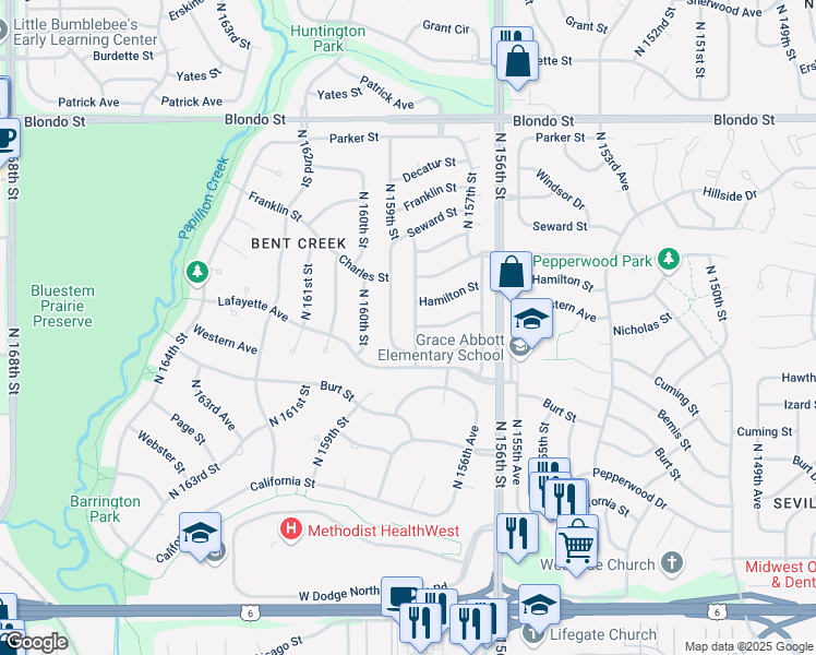 map of restaurants, bars, coffee shops, grocery stores, and more near 1205 North 159th Street in Omaha