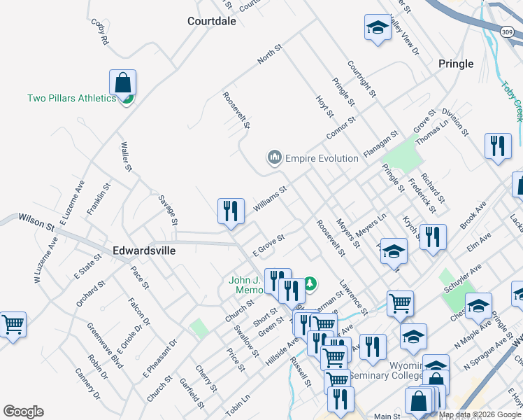map of restaurants, bars, coffee shops, grocery stores, and more near 69 Williams Street in Edwardsville