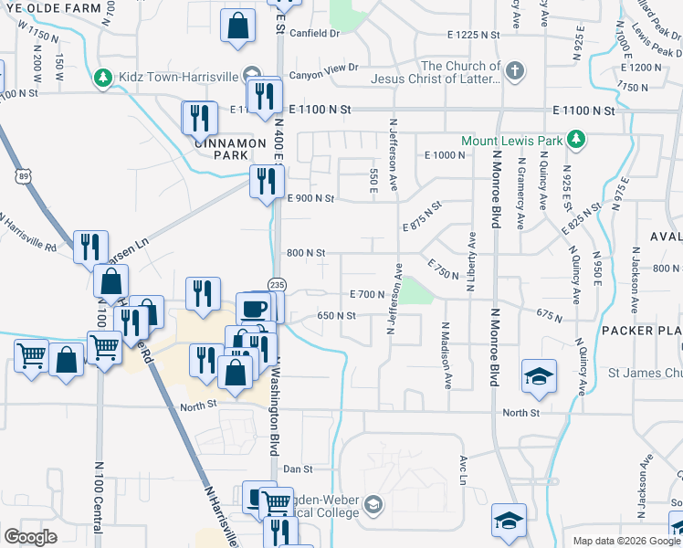 map of restaurants, bars, coffee shops, grocery stores, and more near 326 East 750 North in Ogden