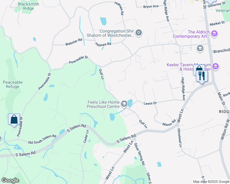 map of restaurants, bars, coffee shops, grocery stores, and more near 78 Golf Lane in Ridgefield