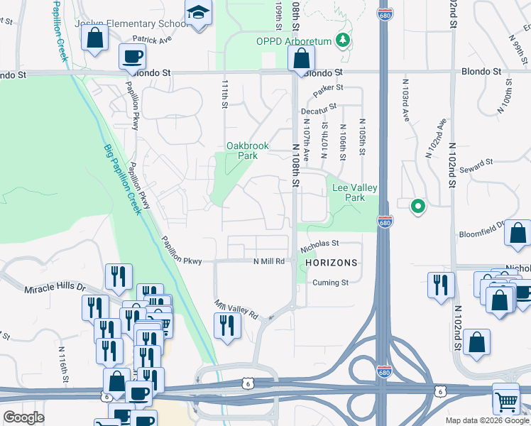 map of restaurants, bars, coffee shops, grocery stores, and more near 1304 North 109th Plaza in Omaha