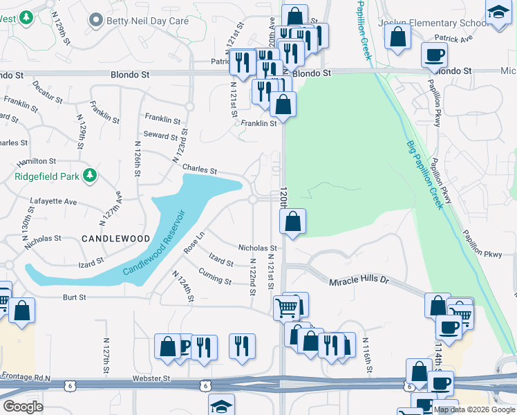map of restaurants, bars, coffee shops, grocery stores, and more near 1215 North 122nd Street in Omaha