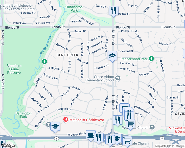 map of restaurants, bars, coffee shops, grocery stores, and more near 1205 North 159th Street in Omaha