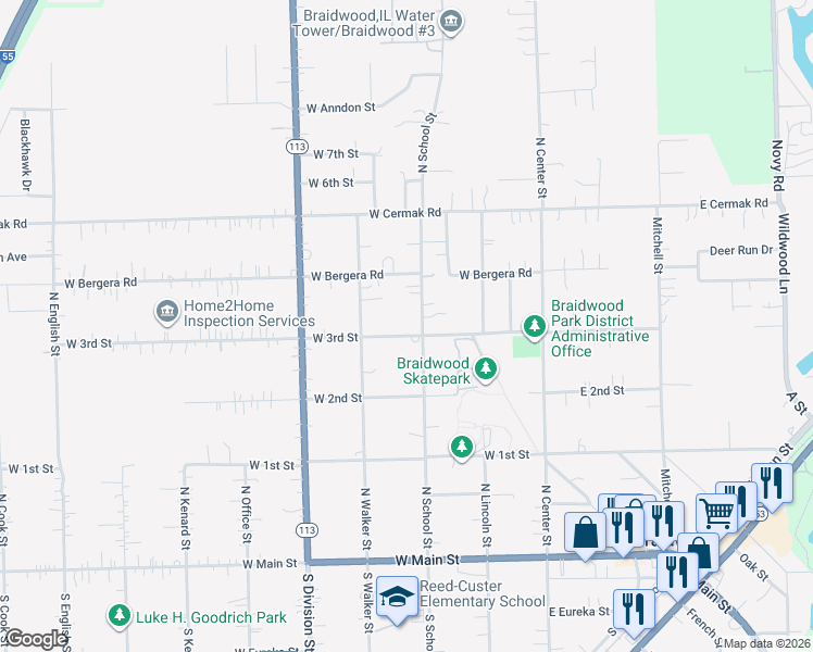 map of restaurants, bars, coffee shops, grocery stores, and more near 388 North School Street in Braidwood