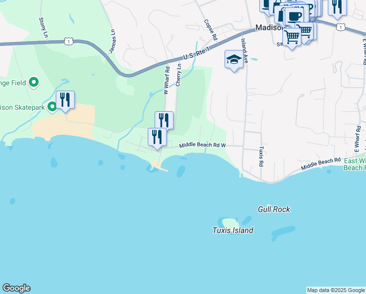map of restaurants, bars, coffee shops, grocery stores, and more near 59 Middle Beach Road West in Madison