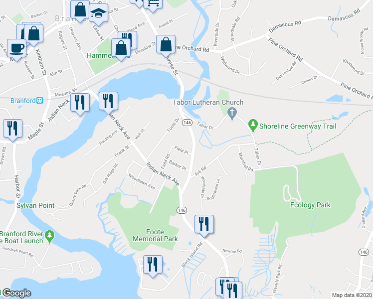 map of restaurants, bars, coffee shops, grocery stores, and more near 2 Field Place in Branford