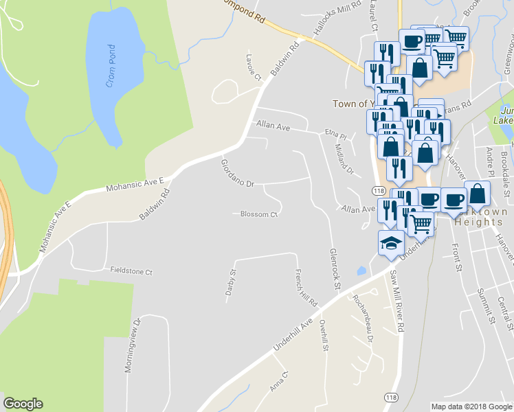 map of restaurants, bars, coffee shops, grocery stores, and more near 1817 Blossom Court in Yorktown Heights