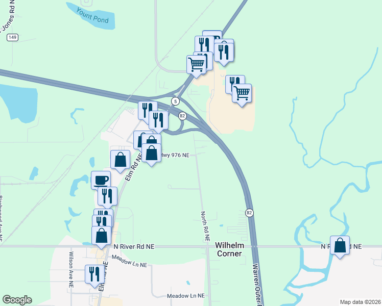map of restaurants, bars, coffee shops, grocery stores, and more near 2610 Blair Drive Northeast in Warren