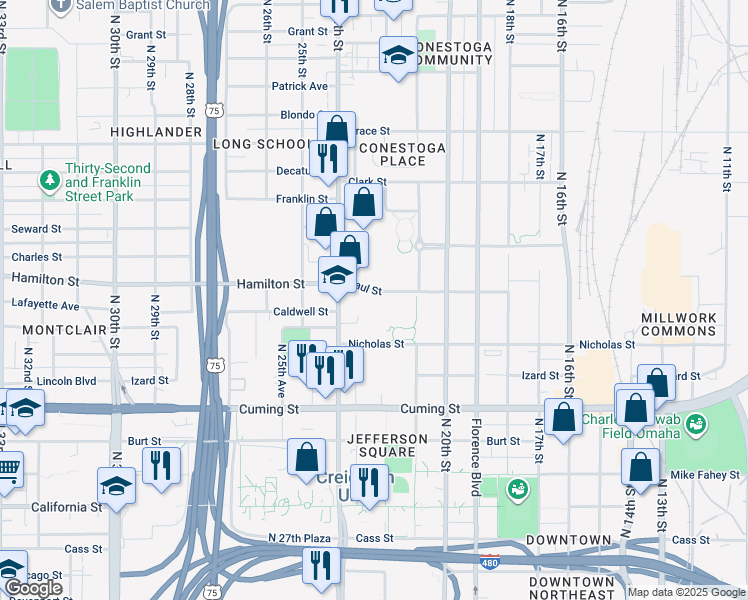 map of restaurants, bars, coffee shops, grocery stores, and more near 1311 North 24th Street in Omaha