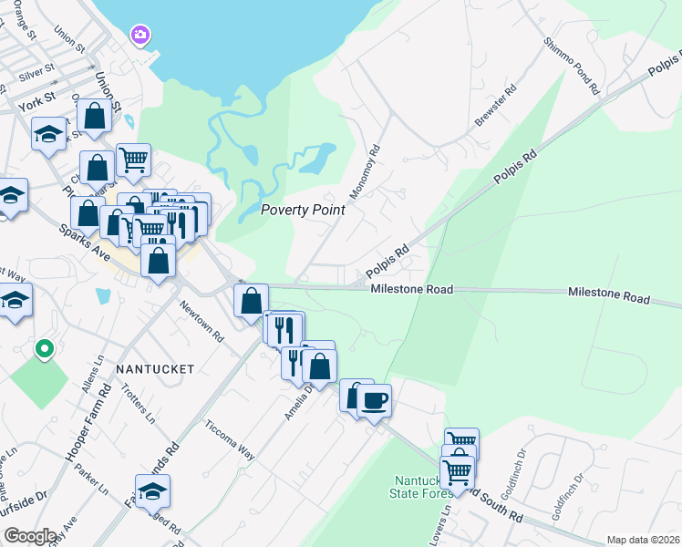 map of restaurants, bars, coffee shops, grocery stores, and more near 12 Milestone Road in Nantucket