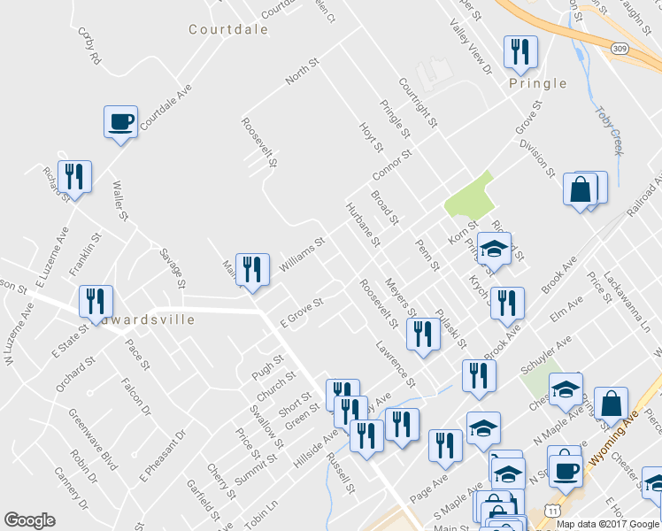 map of restaurants, bars, coffee shops, grocery stores, and more near 285 Lawrence Street in Kingston