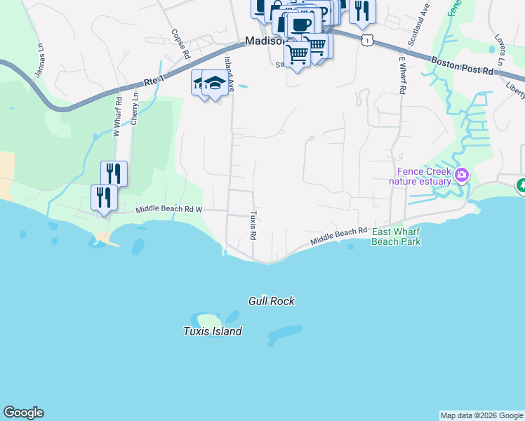 map of restaurants, bars, coffee shops, grocery stores, and more near 29 Gull Rock Road in Madison