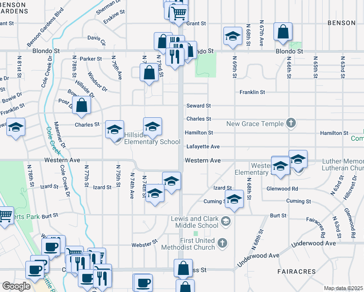 map of restaurants, bars, coffee shops, grocery stores, and more near N 72nd St & Lafayette Ave in Omaha