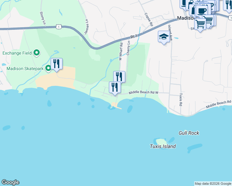 map of restaurants, bars, coffee shops, grocery stores, and more near 73 Middle Beach Road West in Madison