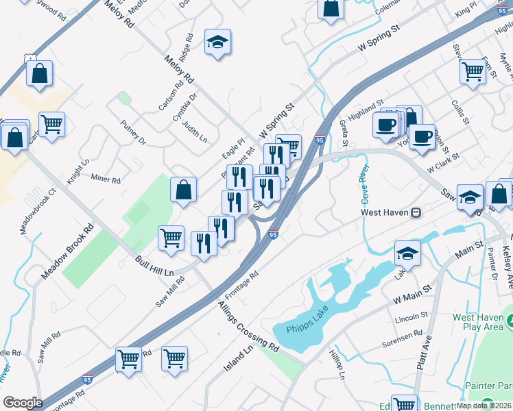 map of restaurants, bars, coffee shops, grocery stores, and more near 465 Connecticut 162 in West Haven