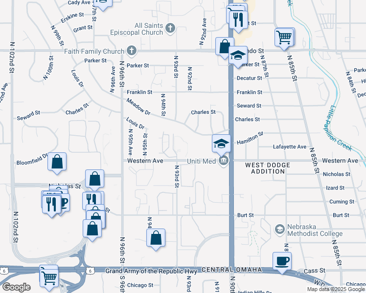 map of restaurants, bars, coffee shops, grocery stores, and more near 9220 Western Avenue in Omaha