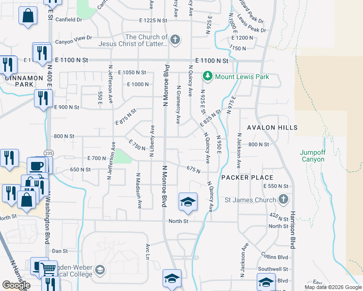 map of restaurants, bars, coffee shops, grocery stores, and more near 872 East 760 North in Ogden