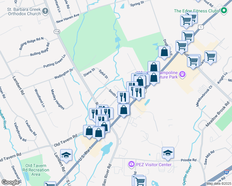 map of restaurants, bars, coffee shops, grocery stores, and more near 329 Smith Farm Road in Orange