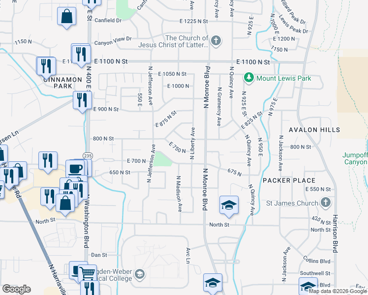 map of restaurants, bars, coffee shops, grocery stores, and more near 705 East 750 North in Ogden