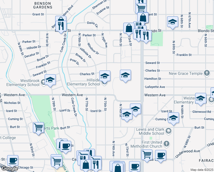 map of restaurants, bars, coffee shops, grocery stores, and more near 7500 Western Avenue in Omaha