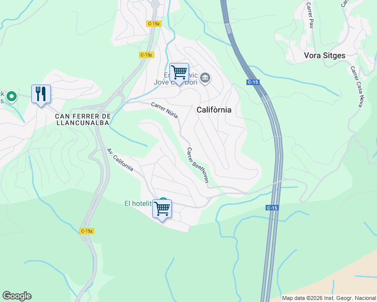 map of restaurants, bars, coffee shops, grocery stores, and more near in Canyelles