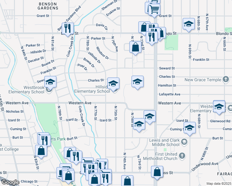 map of restaurants, bars, coffee shops, grocery stores, and more near 7500 Western Avenue in Omaha