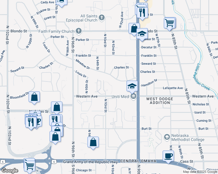 map of restaurants, bars, coffee shops, grocery stores, and more near 9220 Western Avenue in Omaha