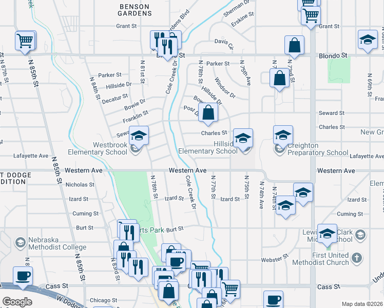 map of restaurants, bars, coffee shops, grocery stores, and more near 1228 Maenner Drive in Omaha