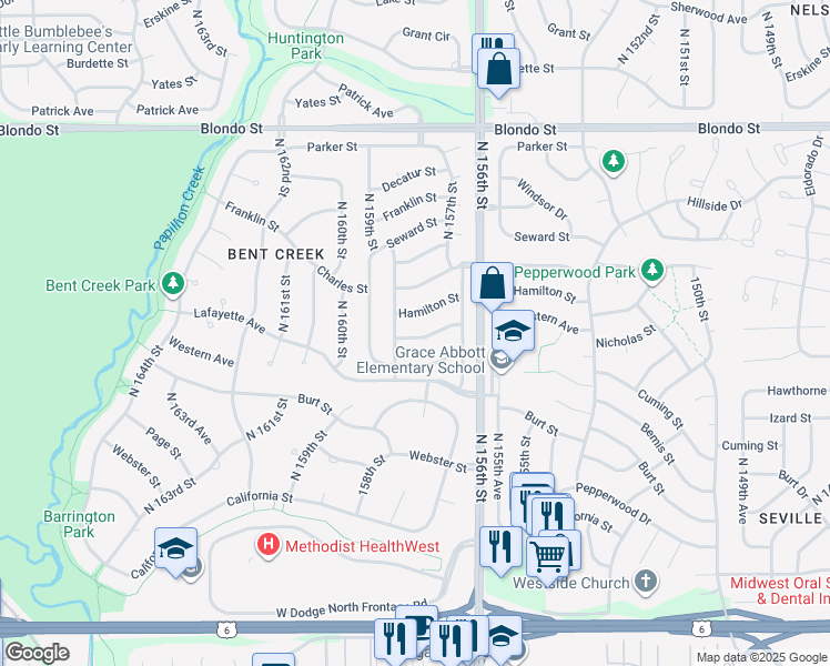 map of restaurants, bars, coffee shops, grocery stores, and more near 15718 Western Avenue in Omaha
