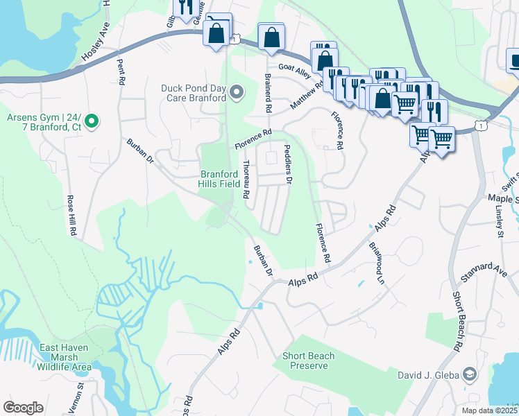 map of restaurants, bars, coffee shops, grocery stores, and more near 726 Robert Frost Drive in Branford