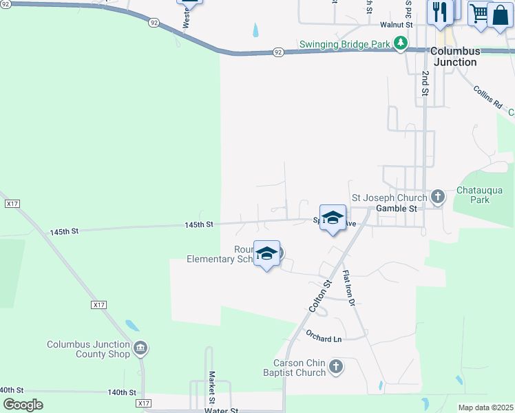 map of restaurants, bars, coffee shops, grocery stores, and more near Springer Avenue in Columbus Junction