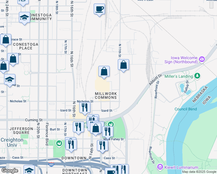 map of restaurants, bars, coffee shops, grocery stores, and more near in Omaha